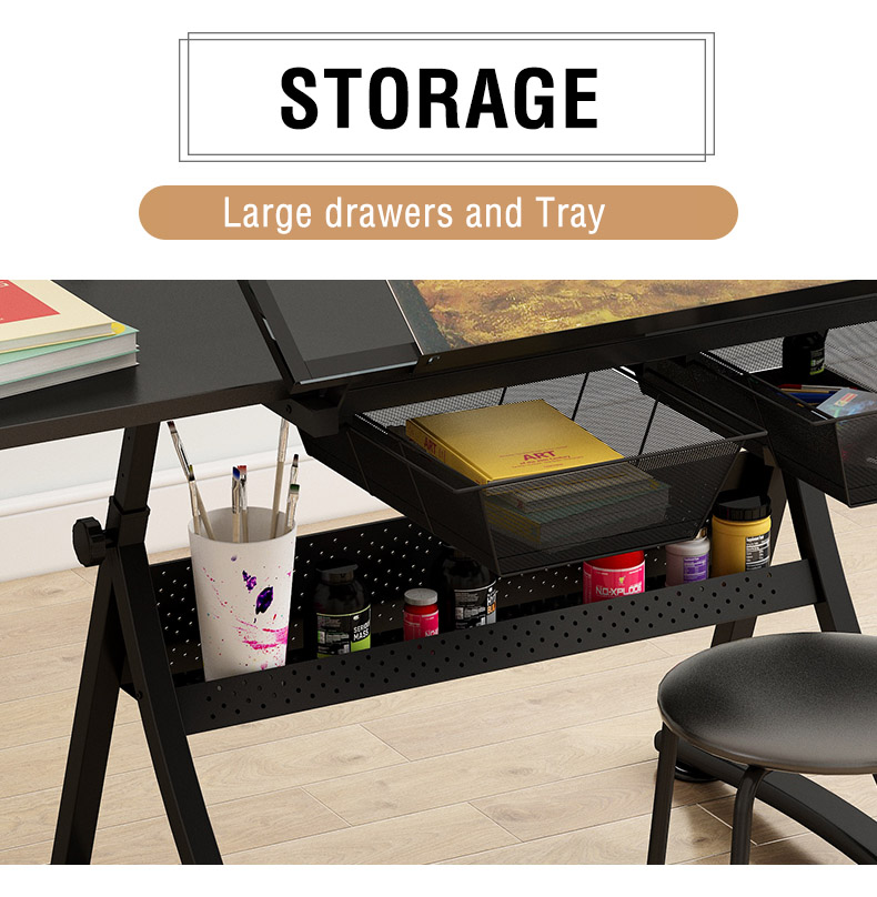 MoNiBloom Adjustable Drafting Table & Stool Set With Storage - Tiltable Art Desk For Drawing, Painting, Crafting
